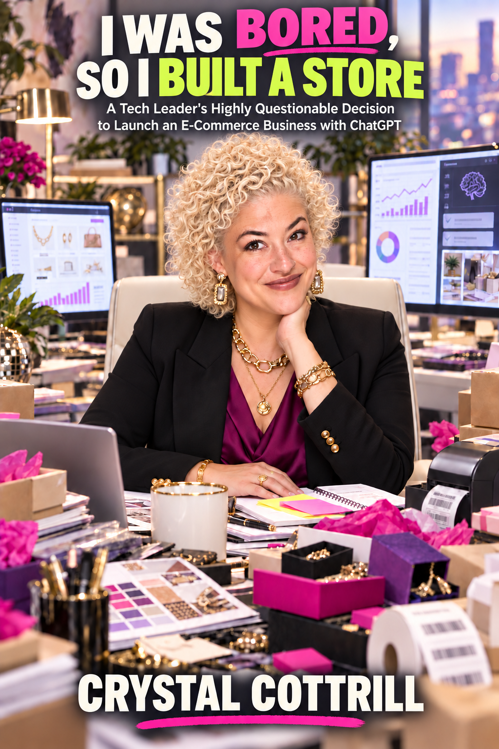 Crystal Cottrill at a desk with jewelry, packaging, and e-commerce screens
